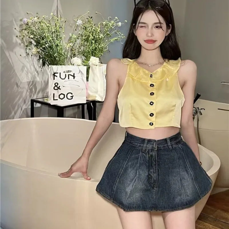 pantsparadises Fake Two Pieces High Waisted Denim Shorts Skirt Women's Summer Korean Slimming Pleated Short Dresses Spicy Girl A-line Hot Pants