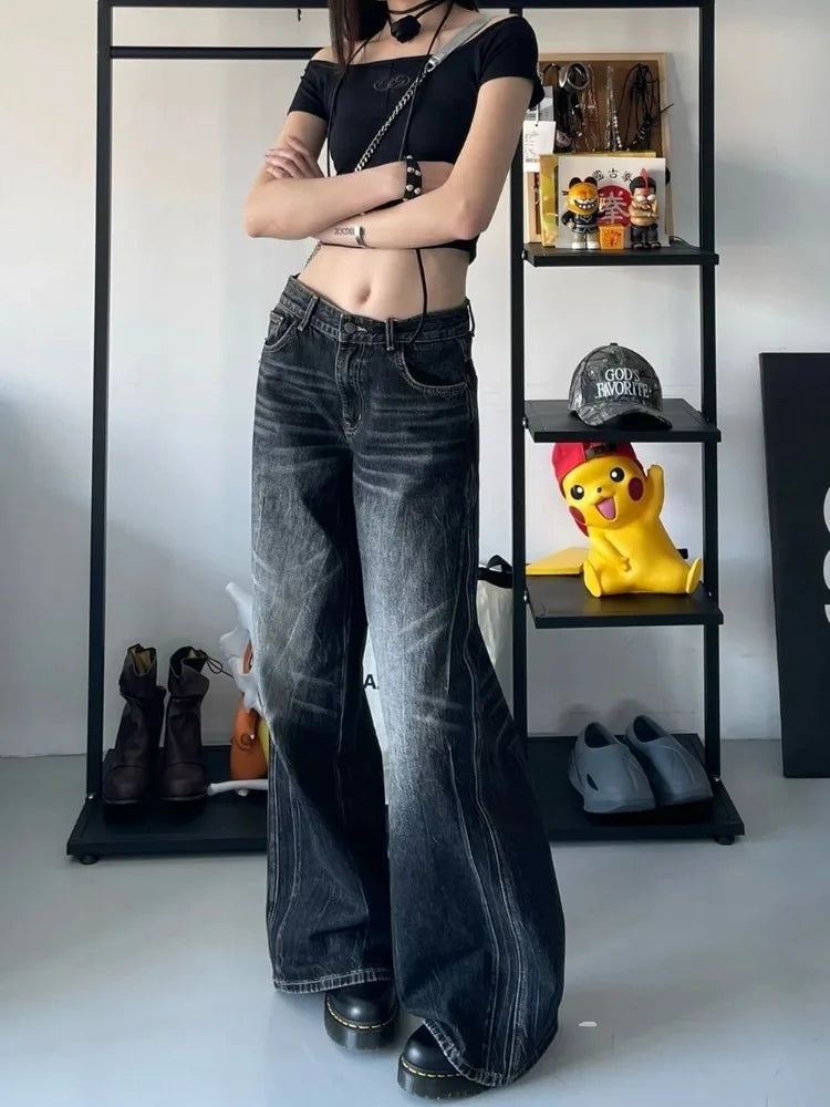 Grunge Y2k Black Jeans Women Baggy Vintage High Street Oversized Denim Trousers Gothic Gyaru 2000s Acubi Fashion Jeans