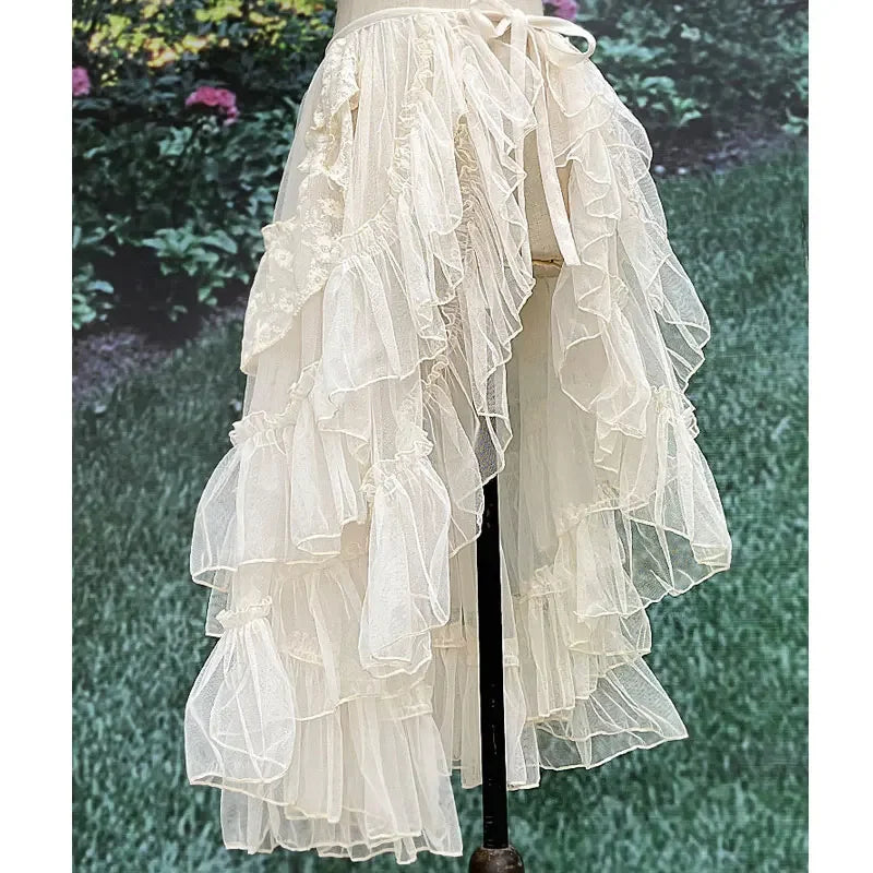 Double Layered Lolita Waist Curtain Sheer Cover Up High Low Skirt w. Asymmetrical Ruffles