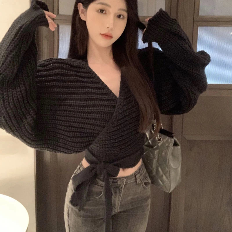 pantsparadises Sexy Vintage Knitted Pullover Women Black Sweater Lace Up Crop Tops Korean Style Long Sleeve Pullovers Solid Aesthetics