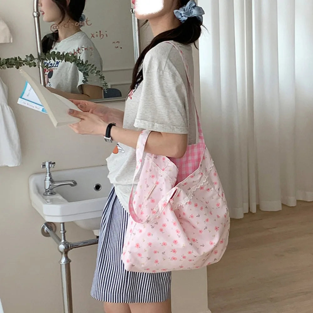 pantsparadises Pink Floral Canvas Shoulder Bag Handbag Korean Travel Beach Bag Double-sided Shopping Totes Bag Girl Lace Underarm Bag