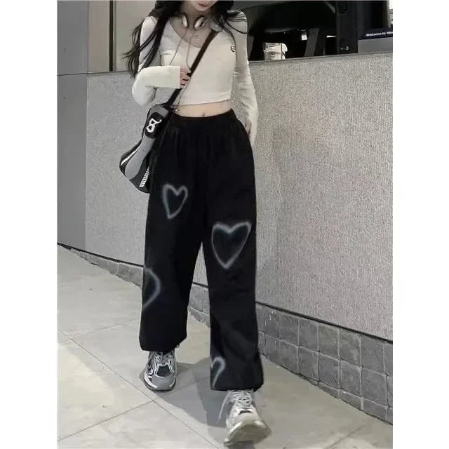 pantsparadises White Heart Leggings Sports Pants for Women Autumn New Loose Bf Lazy Casual Pants Simple Sport Pants