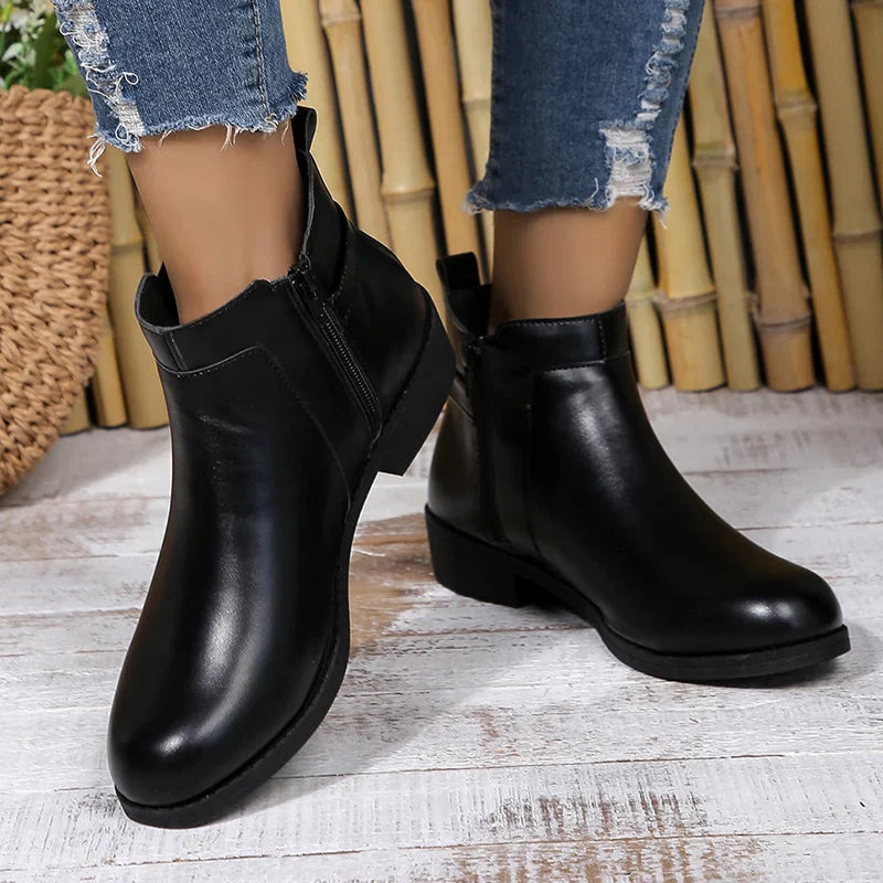 pantsparadises Pu Leather Classics Black Thick Heel Ankle Boots Metal Zipper Low Platform Woman Shoes Winter Round Toe Slip On Short Boots