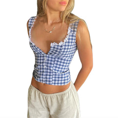 pantsparadises Plaid Crop Top y2k Aesthetic Women Lace Trim Square Collar Button Down Sleeveless Tanks 2000s Clothing Streetwear