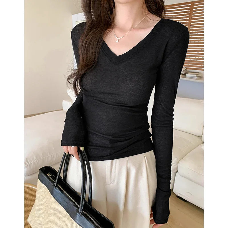 pantsparadises V-neck Thin Style 2024 Women's Long Sleeved T-shirt Tops Bottoming Autumn Casual Shirts Self Cultivation New Korean