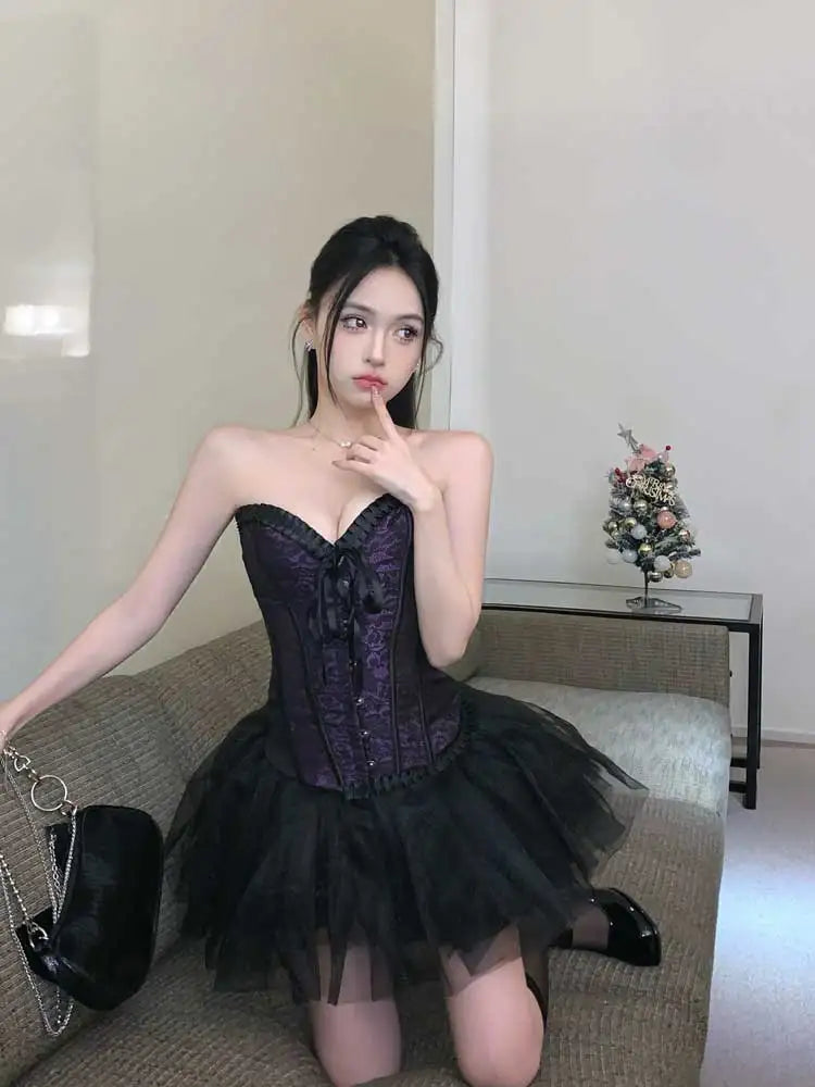 pantsparadises DRESS TO IMPRESS Overbust Corset Tulle Tutu Women 2-piece Set Hooks & Eyes Boned Lace-up Textured Tube Top Puffy Miniskirt Goth Outfits