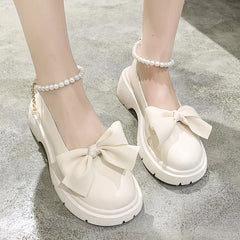 pantsparadises Fashion Mary Jane Shoes Women Spring/summer New Pearl Bow Single Shoe Chunky Heel Small Leather Shoes