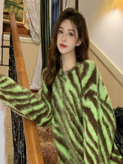 pantsparadises Women's Clothes Sweater Loose Korean Fashion Leisure Green Crew Neck Tiger Stripes Pullover Long Sleeves Knitting Autumn Tops