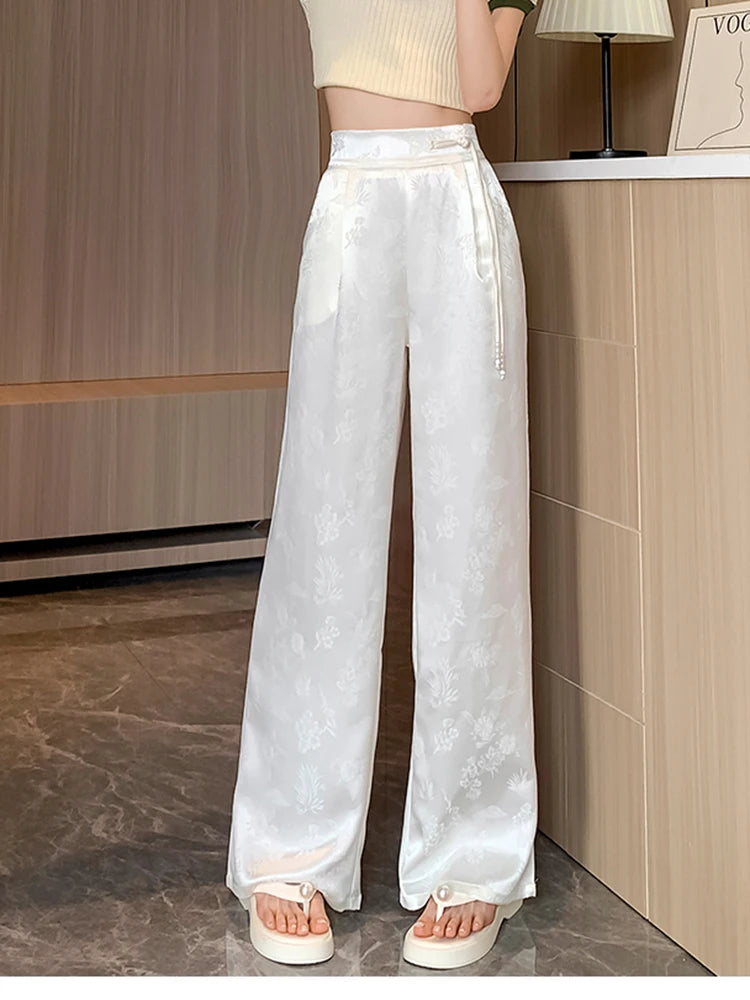 New 2024 Spring Summer Wide Leg Loose Pants For Women Black Or White Color Chinese Style High Waist Jacquard Trousers Women