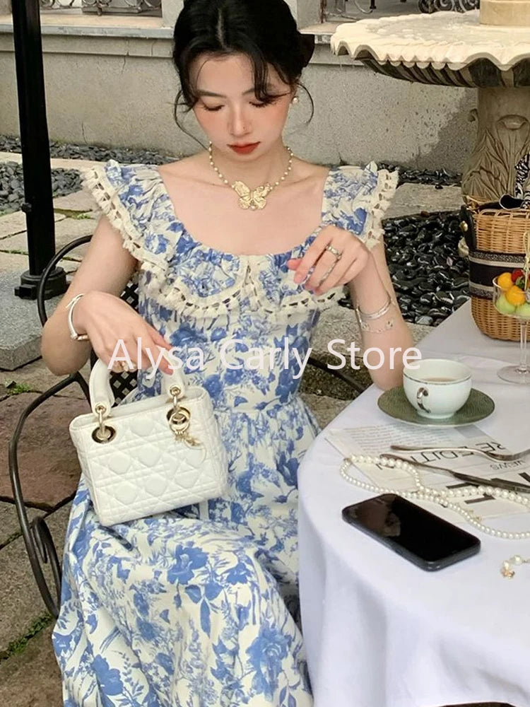 pantsparadises DRESS TO IMPRESS Elegant Korean Fairy Long Dress Women Sexy Ruffles Party Slip Floral Dress Korean Style Summer Dress Female 2024 Casual Fashion