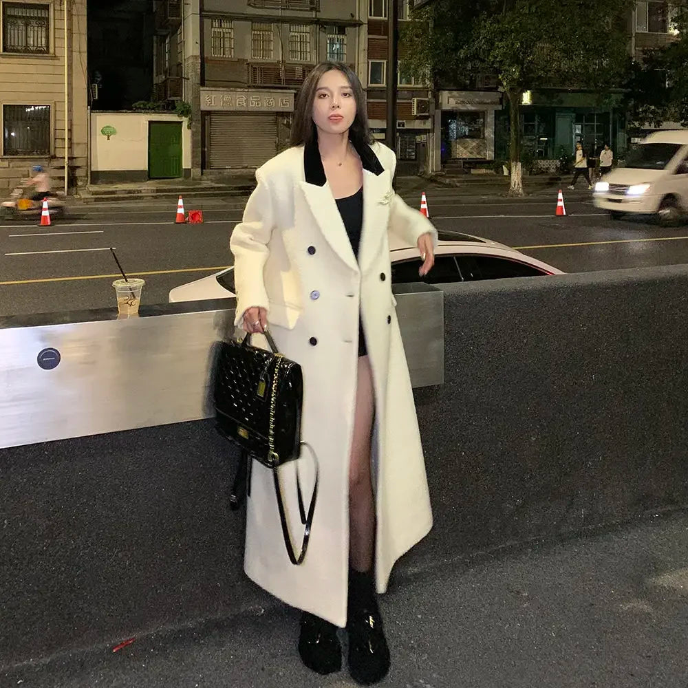 pantsparadises WINTER OUTFITS White Suit Coat Women Winter Jackets New Korean Fashion  Loose Temperament Mid Length Thick Long Coats Autumn Clothing