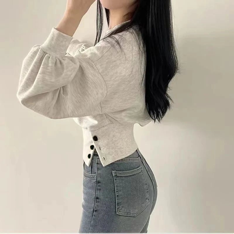 pantsparadises FALL OUTFITS Autumn Women Solid O-Neck Slim Crop Top Lantern Sleeve With Button  Sweat Casual Hip-Hop Sporty Pullover Sweet Chic Street Wear