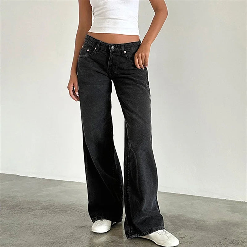 pantsparadises y2k Jeans Women Clothes Fashion Solid Color Low Waist Waist Wide Leg Denim Pants Trousers with Pockets 2000s Streetwear