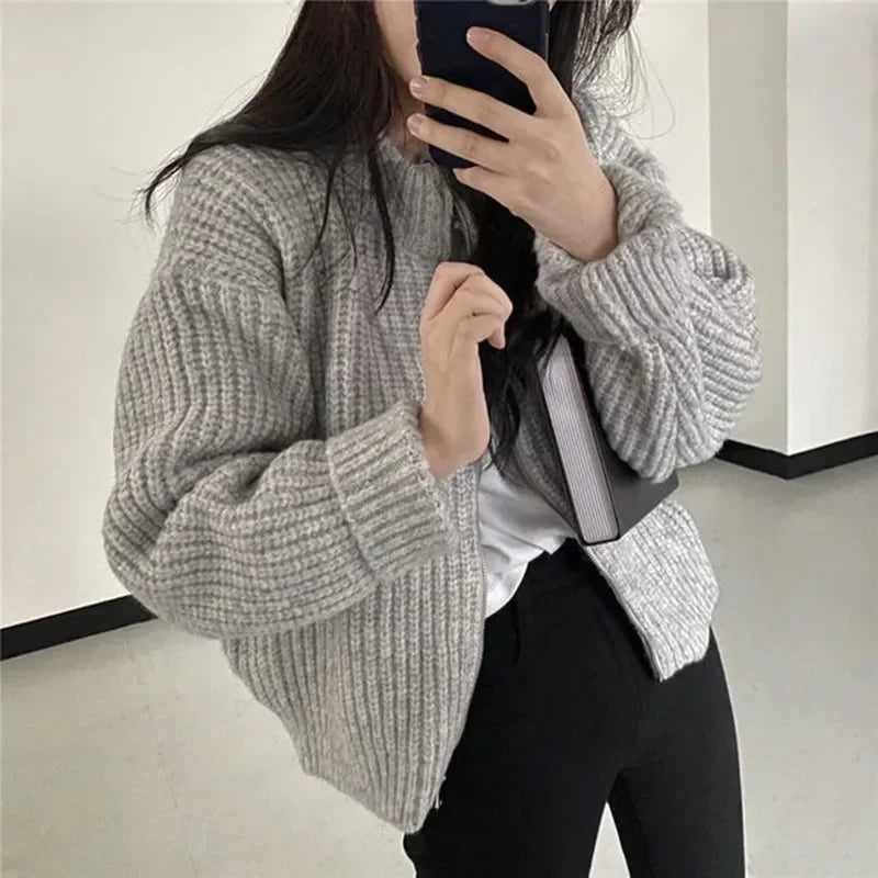 pantsparadises Autumn Women's Knitted Jacket New Korean Chic Casual Sweater Coat Solid Color Zipper Thick O Neck Cardigans Women