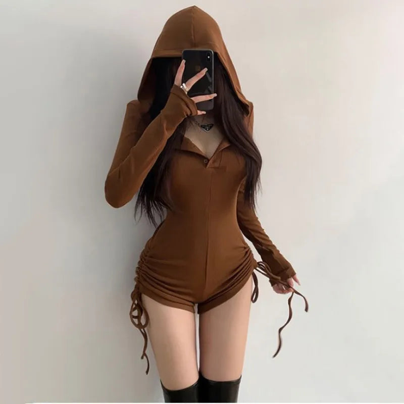 pantsparadises Wasteland Style Black Hooded Rompers for Women's Summer Thin Long Sleeve Drawstring Shorts Niche Slim Spicy Girl Jumpsuit Shorts