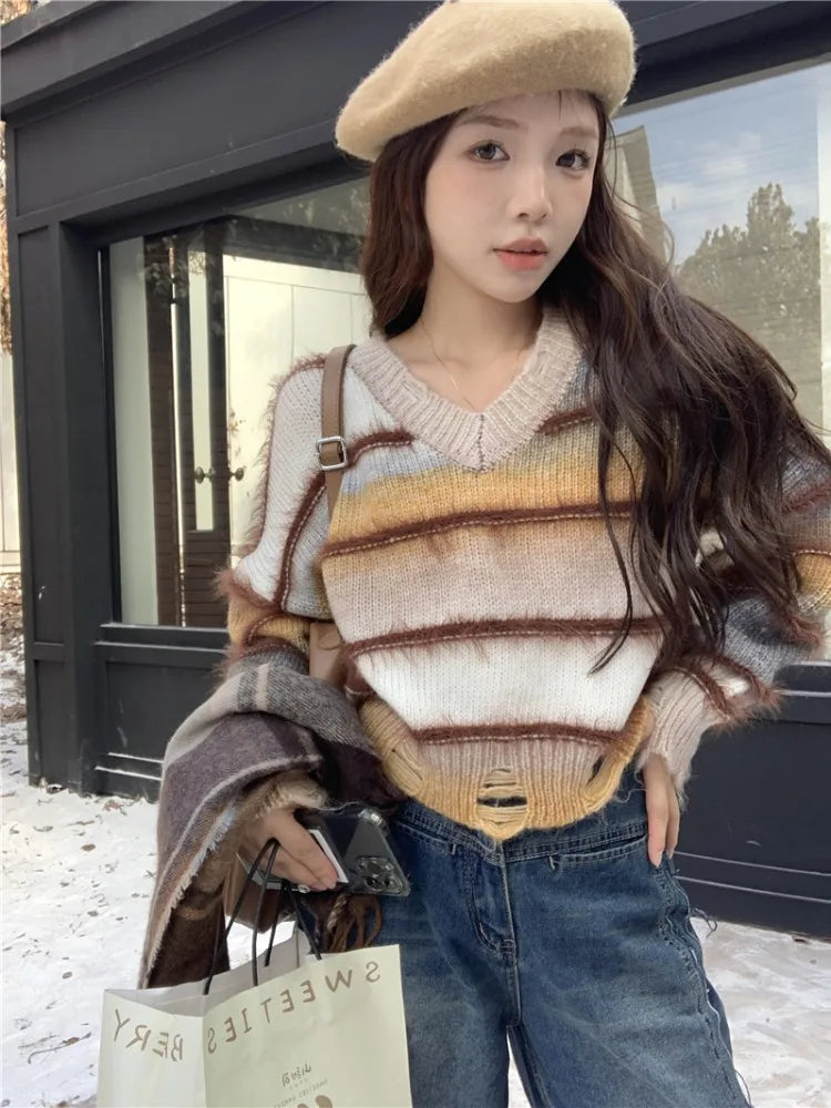 pantsparadises Women Striped Pullover Knitted Sweater 90s Aesthetic Harajuku Long Sleeve Sweater Y2k 2000s Vintage Fashion Clothes 2024