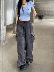 pantsparadises Oversized Jogger Cargo Pants Women Mid Waist Streetwear Fashion Grey Wide Leg Baggy Trousers Y2K Casual Pants Drawstring Pocket