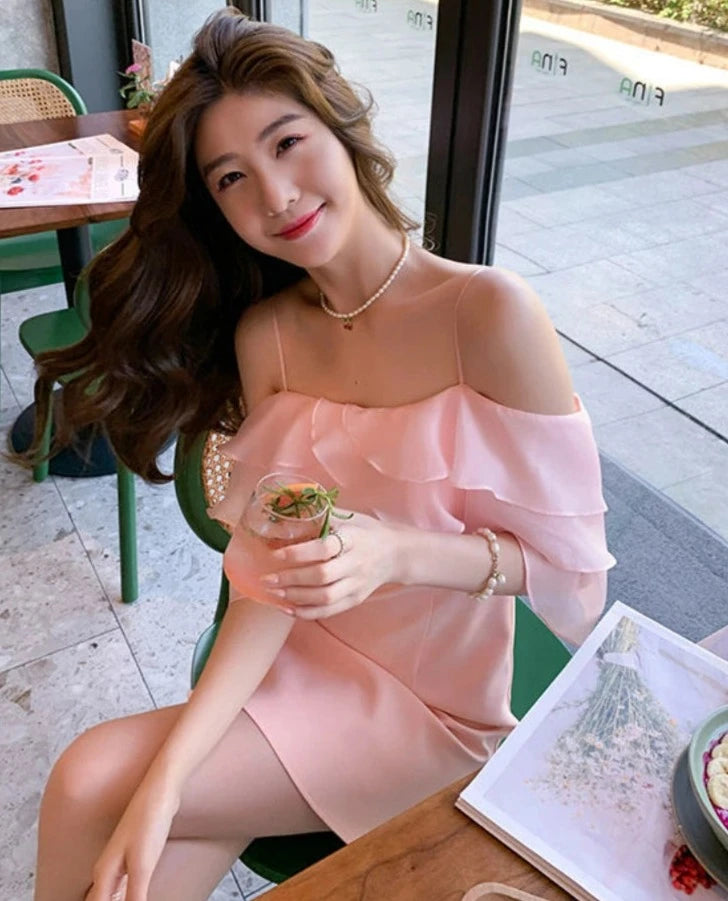 pantsparadises DRESS TO IMPRESS Pink Sweet Fairy Dress Women Ruffles Design Sexy Party Mini Dress Female Spring Elegant Princess Casual Korean Strap Dress