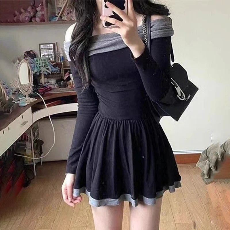 pantsparadises Christmas Dress Women y2k Clothes Contrast Color Cold Shoulder Long Sleeve A Line Mini Dress Evening Party Dresses