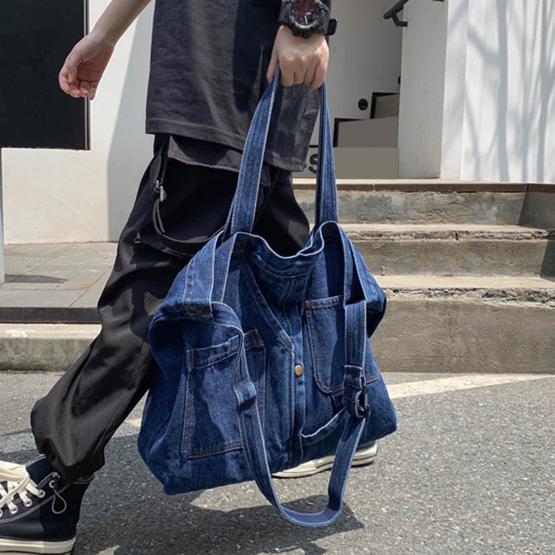 pantsparadises BACK TO SCHOOL Denim Tote Bags for Women and Man Large Capacity Design Handbag Unisex Casual Blue Shoulder Shopping Pack Jeans Japan Style Y2K