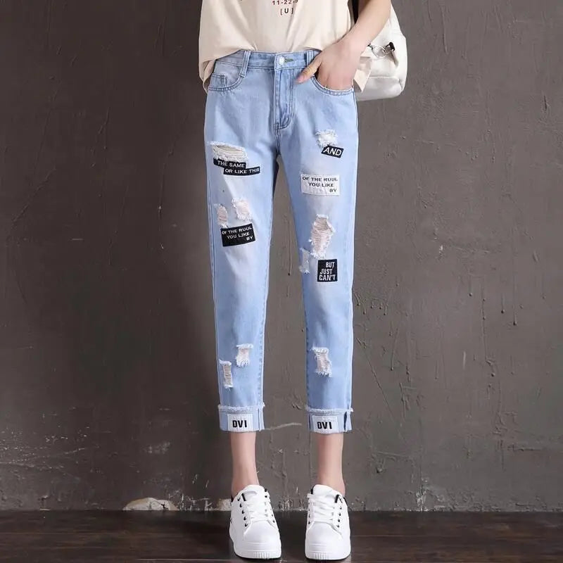 pantsparadises Pants for Women Embroidered with Holes Women's Jeans Torn Straight Leg Ripped Stretch Hippie Cowboy Baggy Wide Vintage Trousers