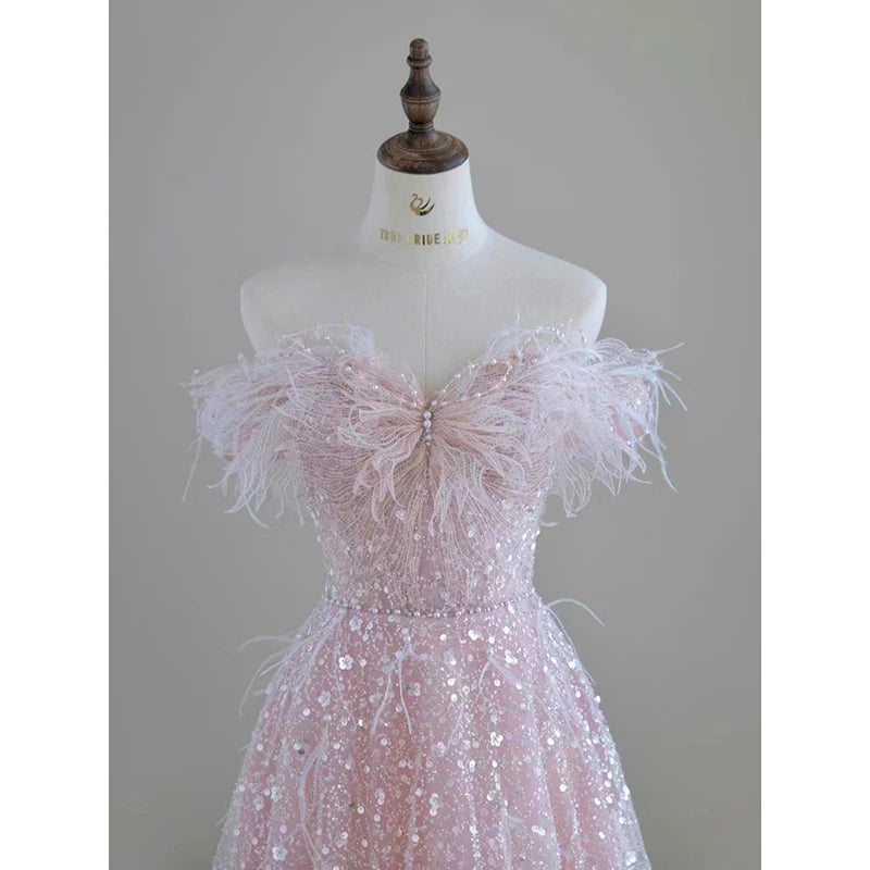 pantsparadises DRESS TO IMPRESS Pink Feather Sequin Evening Dress Bridal Dress Sleeveless V-neck Back Lace-up Birthday Party Gown Anniversary Dresses