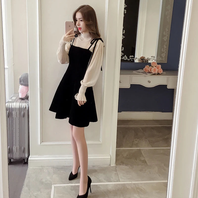 pantsparadises Spring New Elegant Two Piece Dress for Women Women Winter Korean A-Line O-Neck Tops and Black Sundress Streetwear Dress Vestidos