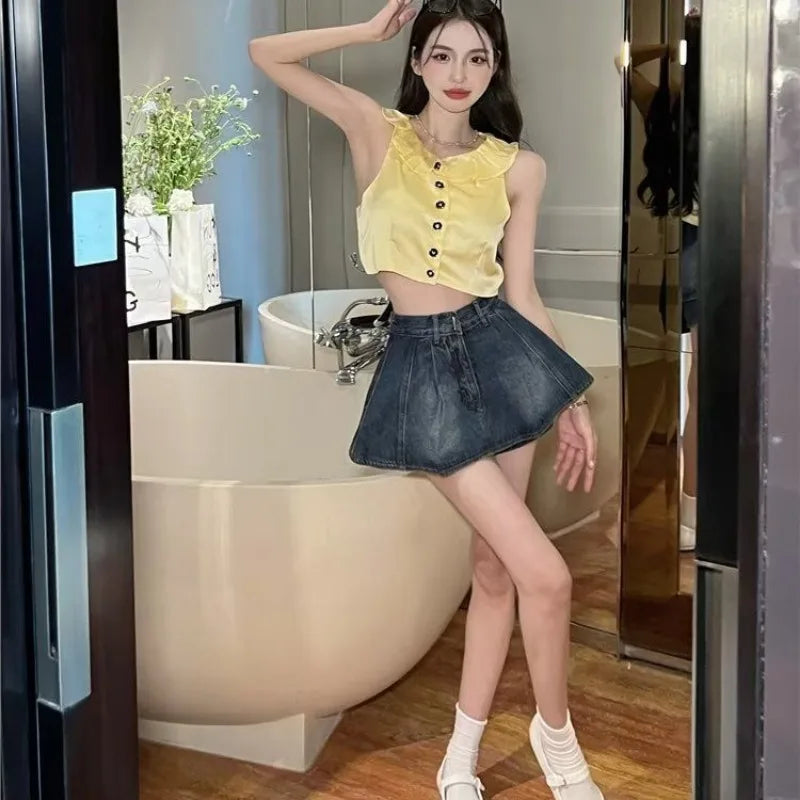 pantsparadises Fake Two Pieces High Waisted Denim Shorts Skirt Women's Summer Korean Slimming Pleated Short Dresses Spicy Girl A-line Hot Pants