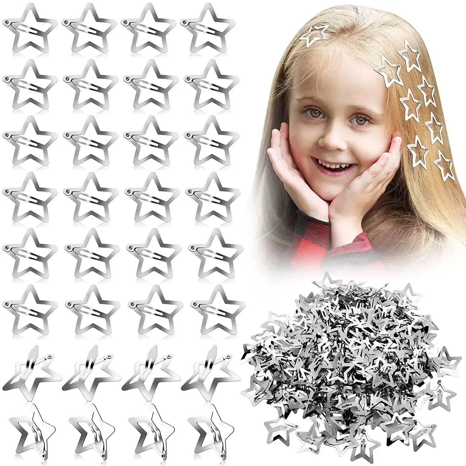 pantsparadises 10/25/50/100/200pcs Sliver Y2K Star BB Hair Clips for Girl Metal Snap Hairpins Barrettes Women Filigree Styling Hair Accessorie