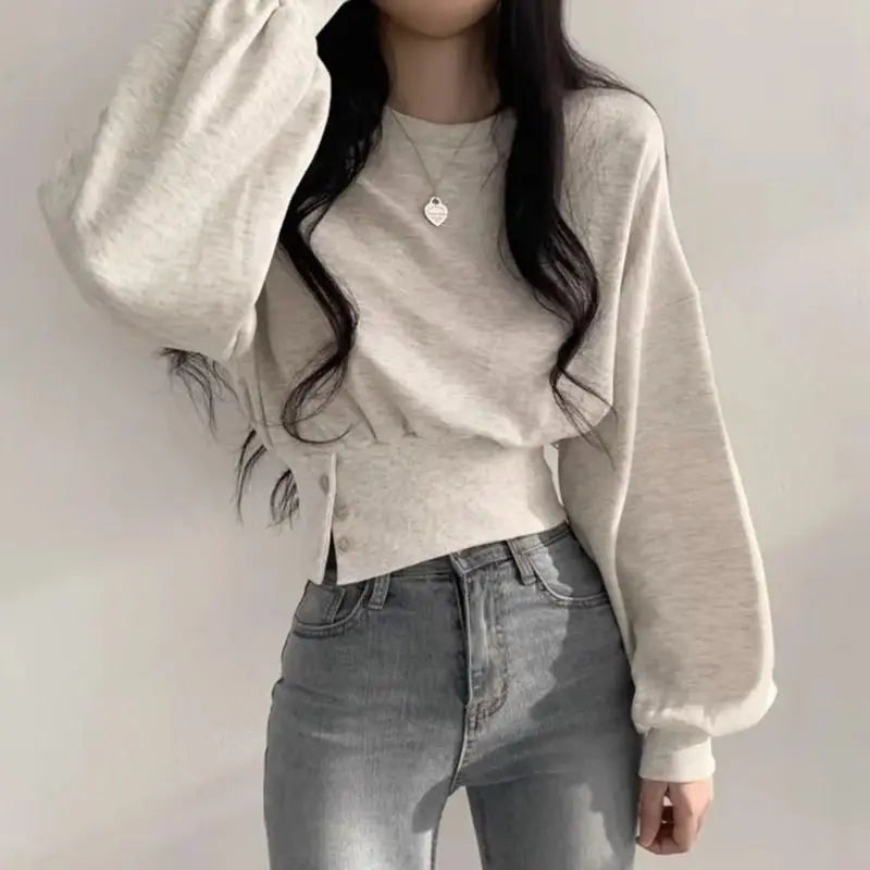 pantsparadises Korean Chic Autumn Round Neck Buckle Waist Slimming Long Sleeve Short Pullover Women Hoodie Top Gray Sweatshirt Women Clothing