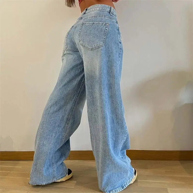 pantsparadises Vintage American-style Straight Jeans Women High Waist Casual Loose Denim Pants Female Comfortable Commuter Wide Leg Trousers