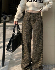 pantsparadises Vintage Leopard Print Pantalon Femme Wide Leg Pants Women High Waist Straight Y2k Jeans Casual Fashion Korean  Jean Trousers