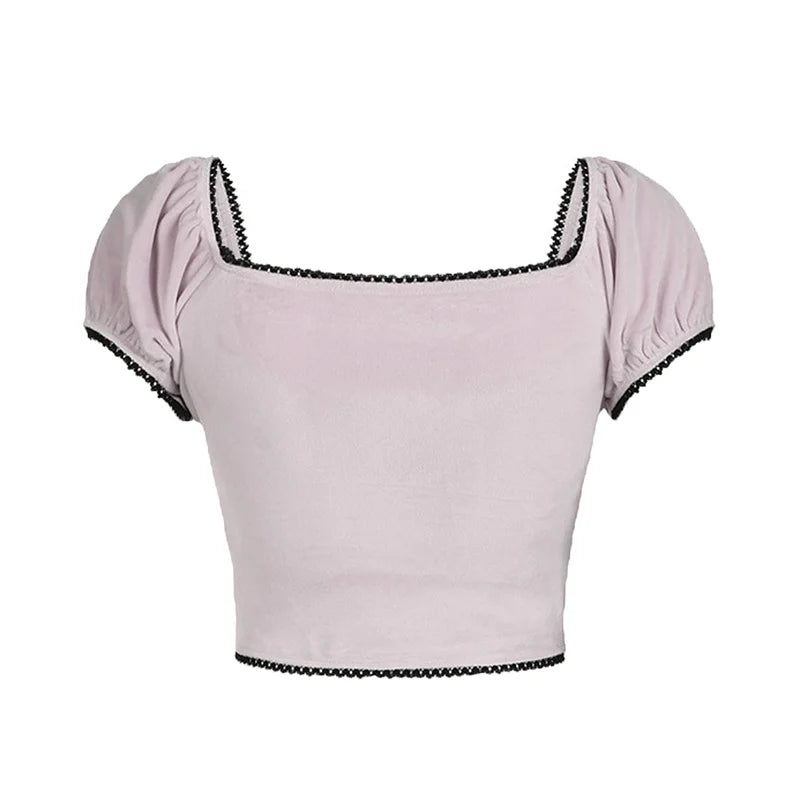 pantsparadises Coquette Crop Top y2k Clothes Women Lace Trim V Neck Short Sleeve T Shirt Slim Fit Tees Fairycore Baby Tee Streetwear