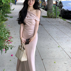 Elegant Evening Party Satin Long Dresses for Women 2024 Summer New Pink Birthday Robe Sexy Slash Sleeveless Slim Female Clothing