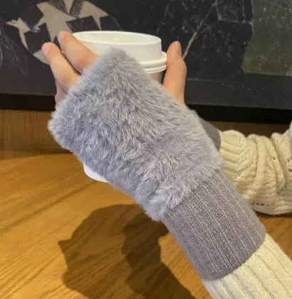 pantsparadises Mink Fleece Soft Winter Half Finger Gloves Women Warm Luxury Solid White Plush Knitted Fingerless Gloves Wrist Mittens Writting