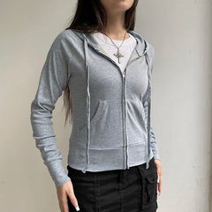 pantsparadises Casual Hoodies Gray Women'S Sweatshirts Harajuku Y2K Long Sleeves Female Hooded Pocket Slim Fit Coat Autumn Korean New