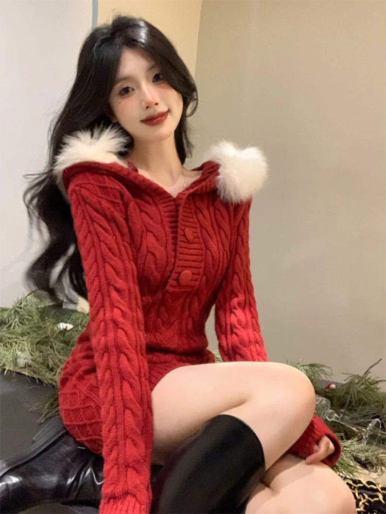 pantsparadises Winter Knitted Sweater Dress Hooded Women Slim Bodycon Y2k Mini Dress Faux Fur Female One Piece Dress Korean Elegant