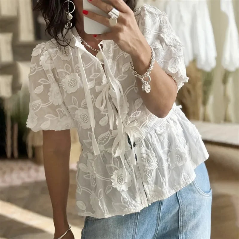 pantsparadises Babydoll Tops Women y2k Clothes Floral Embroidery Round Neck Puff Short Sleeve Shirts Elegant White Blouses Streetwear