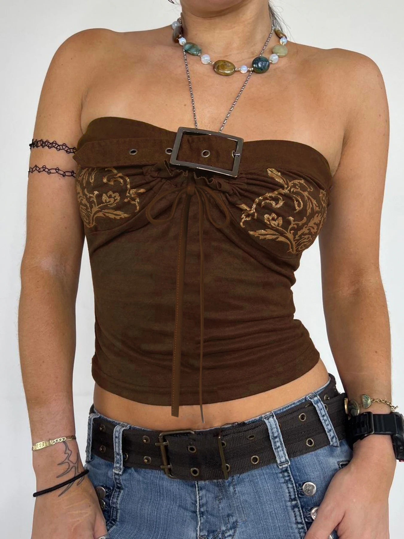 pantsparadises Vintage Brown Embroidery Tube Top Y2K Aesthetics Pullover Strapless Tank Tops Button Up Cutout Design Sleeveless Women