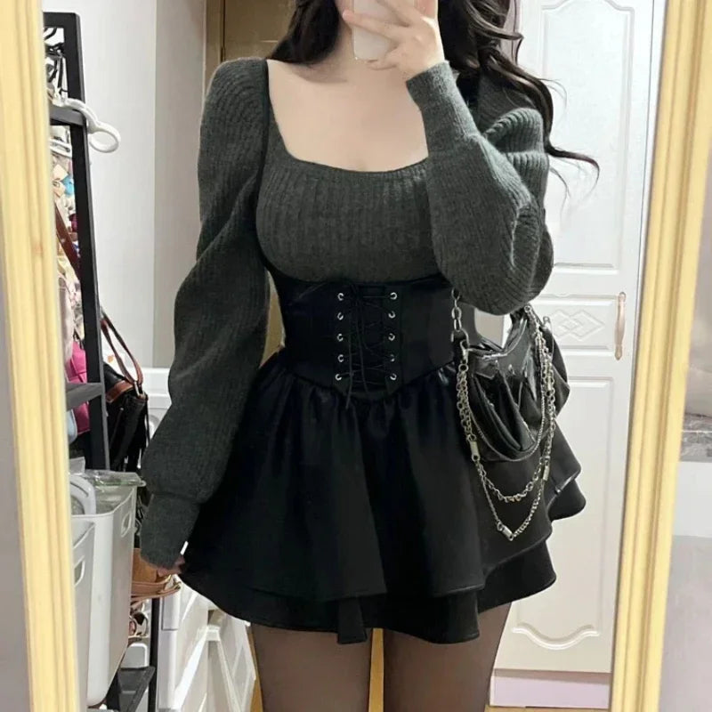 pantsparadises New High Waist Leather Black Mini Dress + Casual Knitted Sweater Elegant Clohting Woman Korean Fashion Suit Design Chic