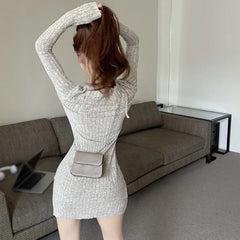 pantsparadises FALL OUTFITS Women Long Sleeve Tight Dress Split Short Slim Fit Dress Lady Autumn Hanging Neck Dress Sexy Party Halter Elastic Bodycon Dress