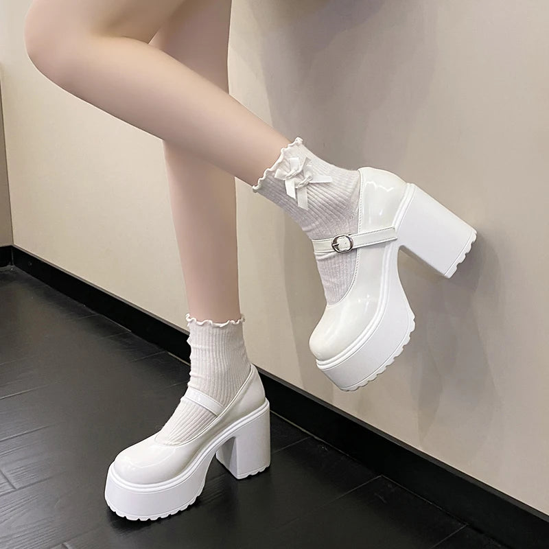 pantsparadises Chunky Platform High Heels Pumps Women Autumn Pu Leather Ankle Buckle Mary Jane Shoes Woman Thick Heeled White Lolita Shoes