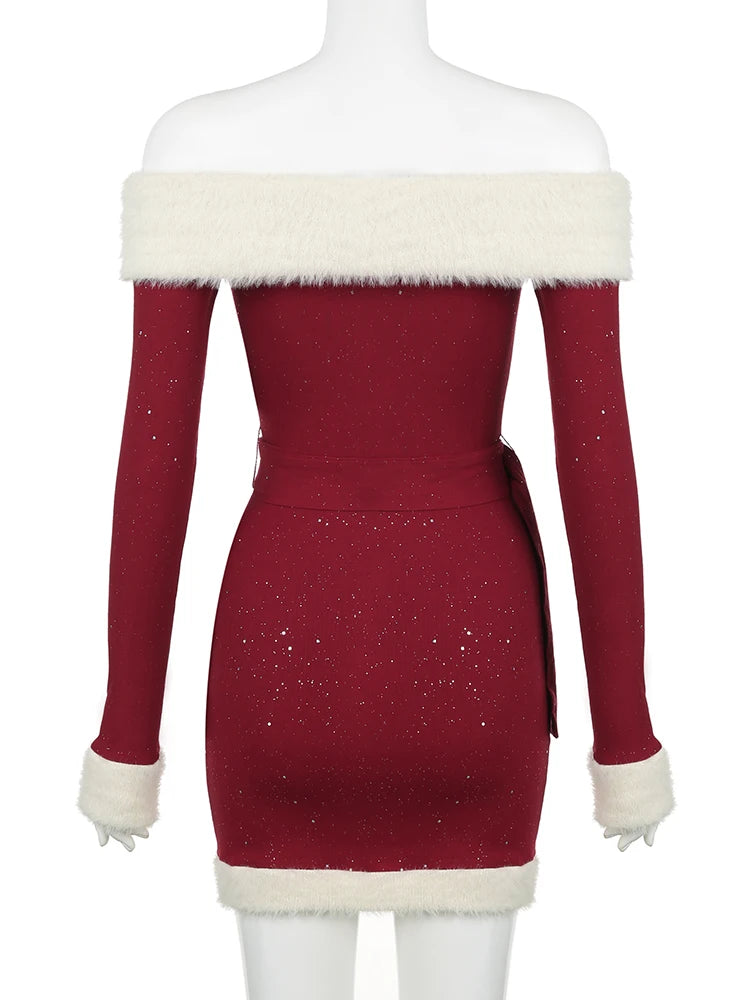 pantsparadises Christmas Party Dress Slim Patchwork Fur Trim Bodycon Dress With Belt Casual Slash Neck Long Sleeve Mini Dresses Women