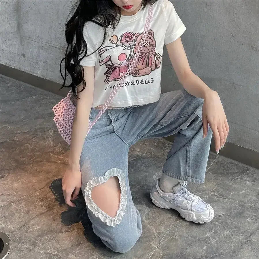 pantsparadises Harajuku Cyber Y2k Trousers Sweet Korean Style Kawaii Lace Stitching Jeans Women Love Hole Streetwear High-waist Wide-leg Pants