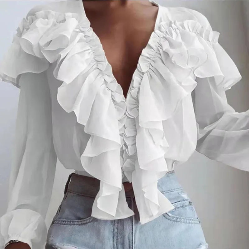 Spring Autumn Elegant Ruffles Women Shirts Top Casual V Neck Long Sleeve Loose Female Solid Chiffon Blouses For Women Blusa