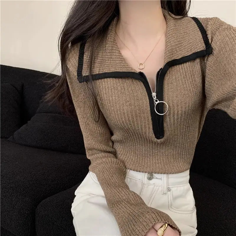 pantsparadises warm winter outfits Turn-down Collar Zipper Sweater Women Autumn Winter Fashion Solid Color Slim Knitwear Office Lady All-match Trend Knitting Tops