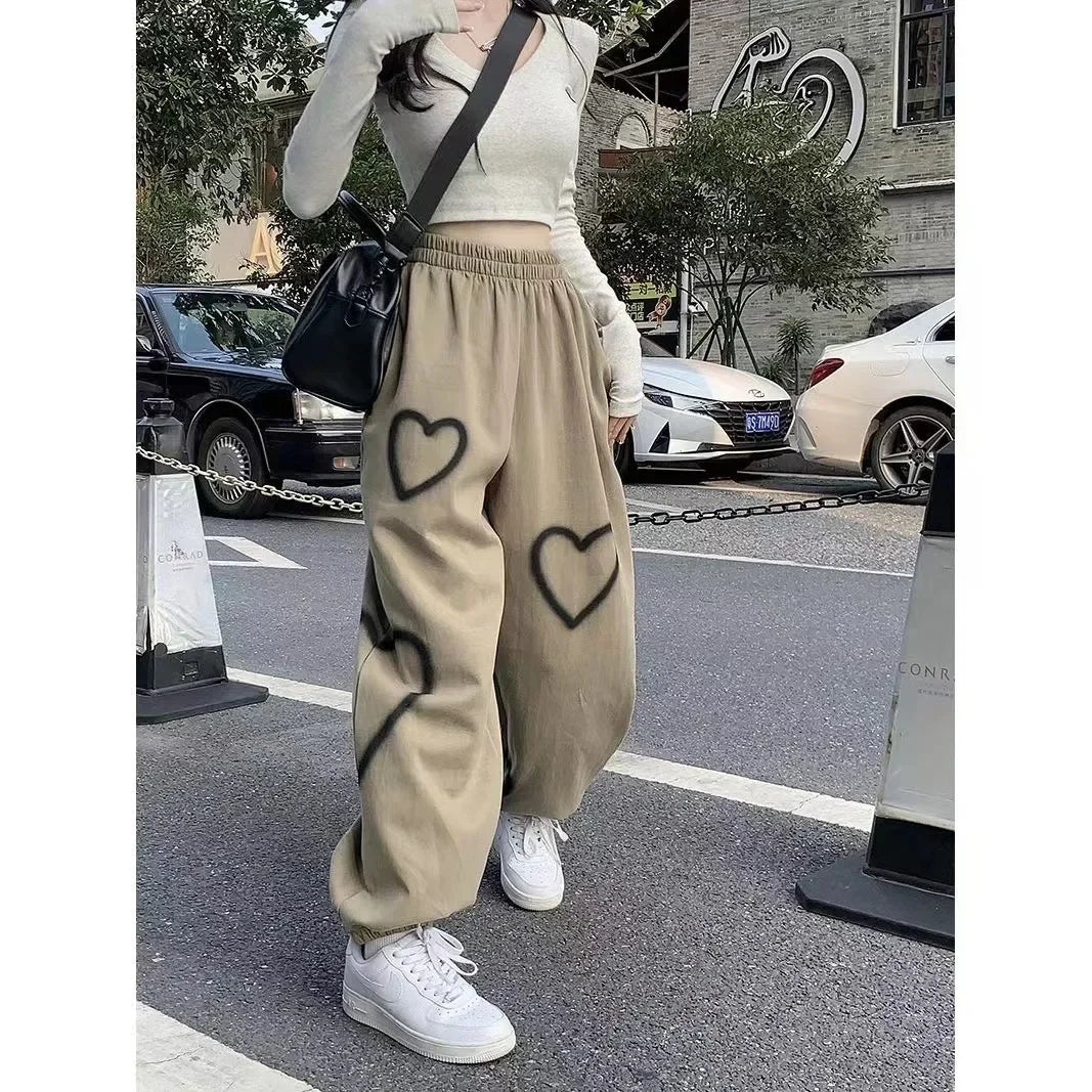 pantsparadises White Heart Leggings Sports Pants for Women Autumn New Loose Bf Lazy Casual Pants Simple Sport Pants