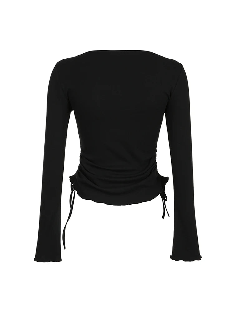 pantsparadises Black Solid Ribbed O Neck Slim Long Sleeve Basic Long Sleeve T Shirt Women Side Shirring Lace-Up Chic Fashion Elegant Simple Tee