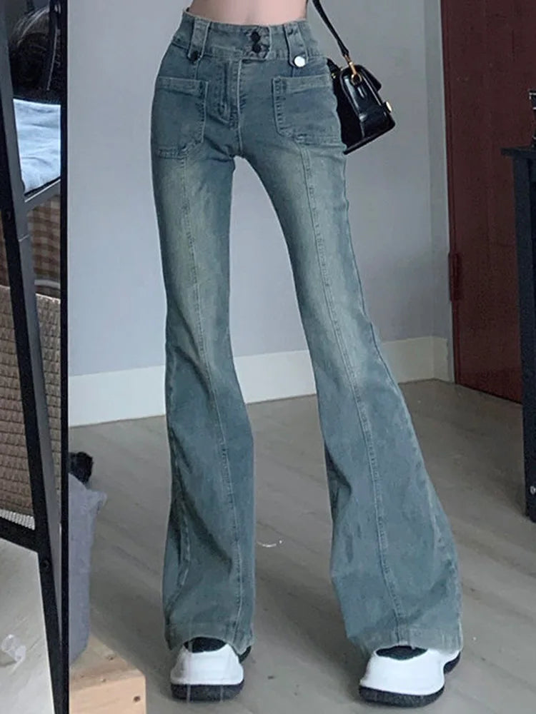 pantsparadises trashy outfits  Pockets Vintage High Waist Skinny Jeans Female Hong Kong Style Denim Bell Bottom Pants Spicy Girl Blue Oversized Boot Cut Jeans