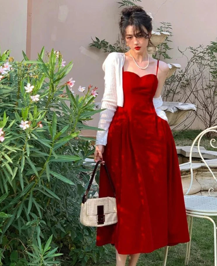 pantsparadises NEW YEAR DRESS TO IMPRESS Summer French Vintage Strap Dress Women Red Elegent Korean Party Midi Dress Female Sexy Backless Evening Beach Fairy Dress